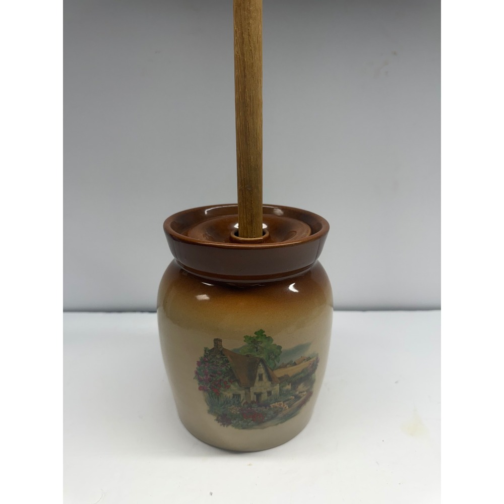 Vintage Stoneware Butter Churn Crock with Wooden Dasher Cottage Scene Brown Tan